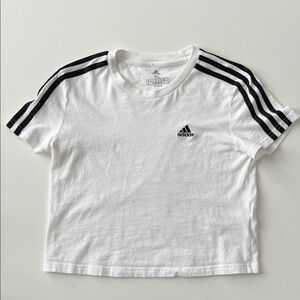 Adidas White 100% cotton cropped T-Shirt with Black Shoulder Stripes XS
